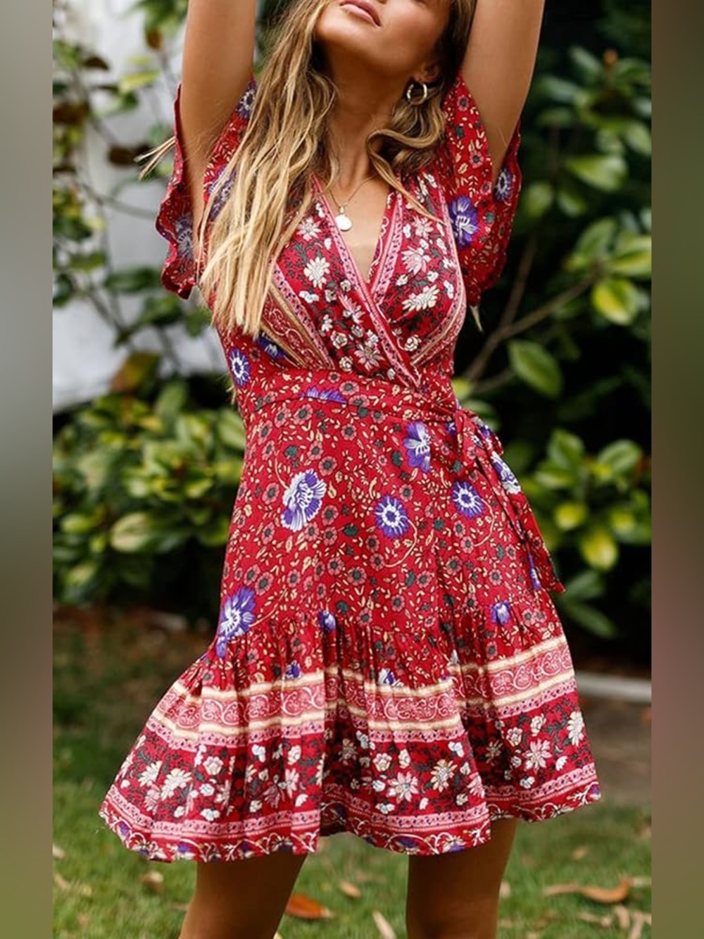 ZESICA Red Floral Wrap Mini Dress Size S Boho Ruffle V Neck Summer Dress
